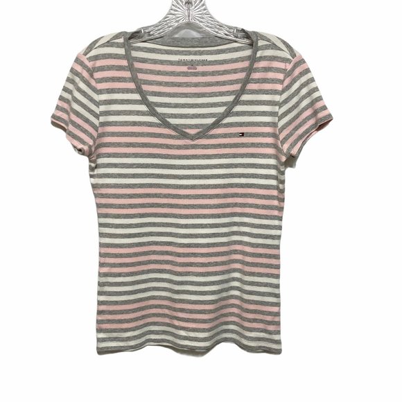 Tommy Hilfiger Medium V Neck Short Sleeve Striped T Shirt - Picture 2 of 6